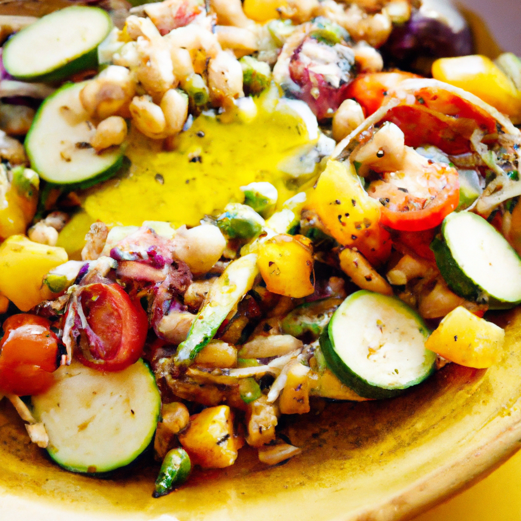 Close-up of a bowl with grains, roasted vegetables, and a bright herb oil